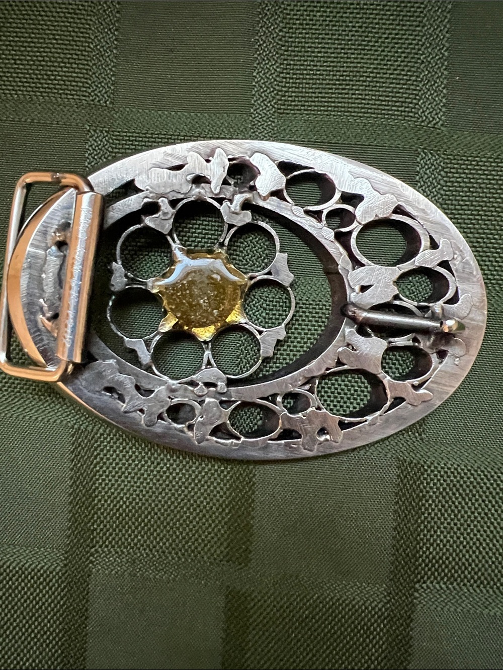 Silver Tone Oval Belt Buckle with Cutout Circles and Central Green stone - Picture 5 of 8